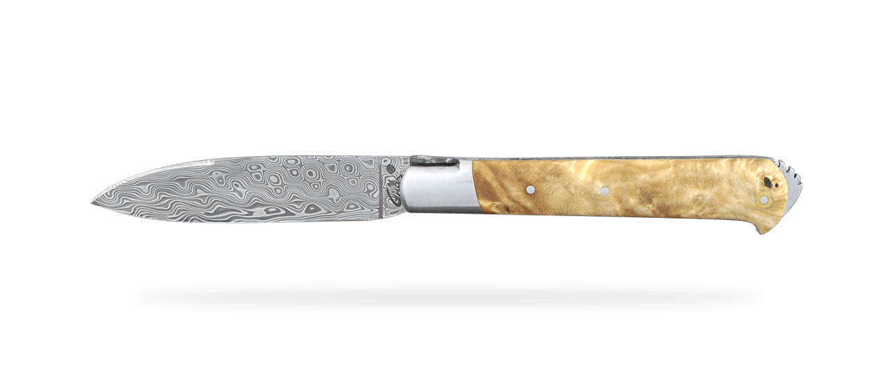 5 Coqs knife Damascus Range Stabilized poplar burl