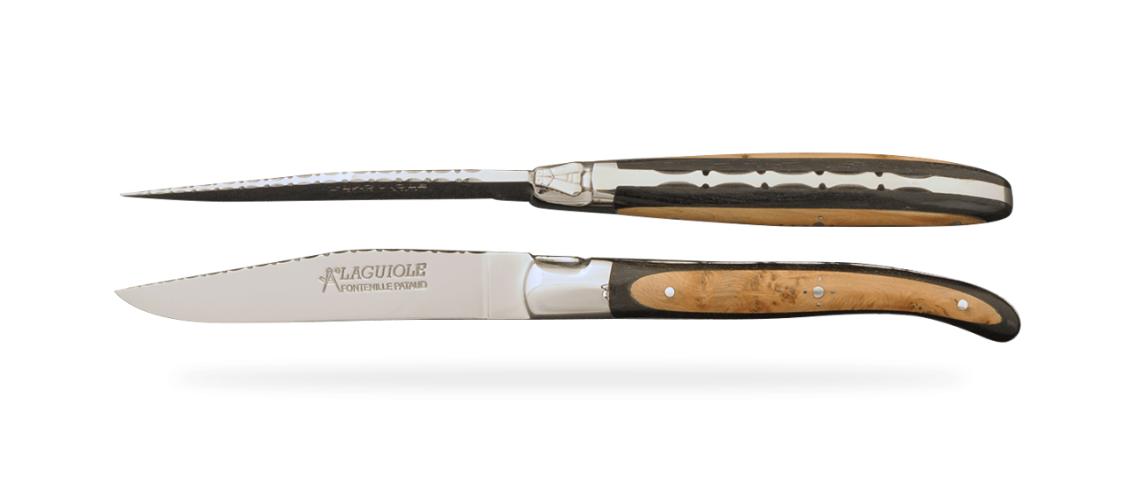 Set of 2 Laguiole Forged Steak Knives "Guilloché" Ebony & Juniper burl marquetry