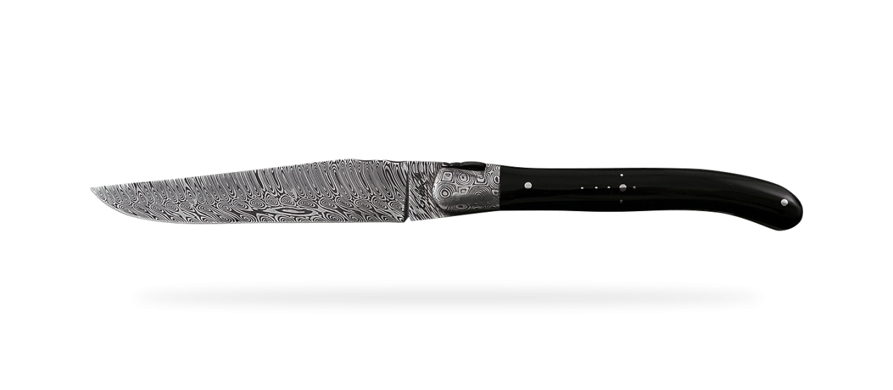 Set of 2 Laguiole Steak Knives Damascus Black horn tip