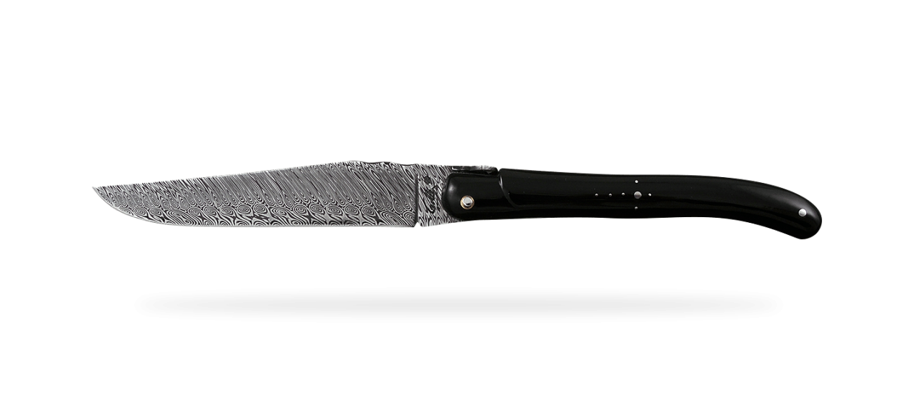 Set of 2 Laguiole Steak Knives Damascus Full handle Black horn tip