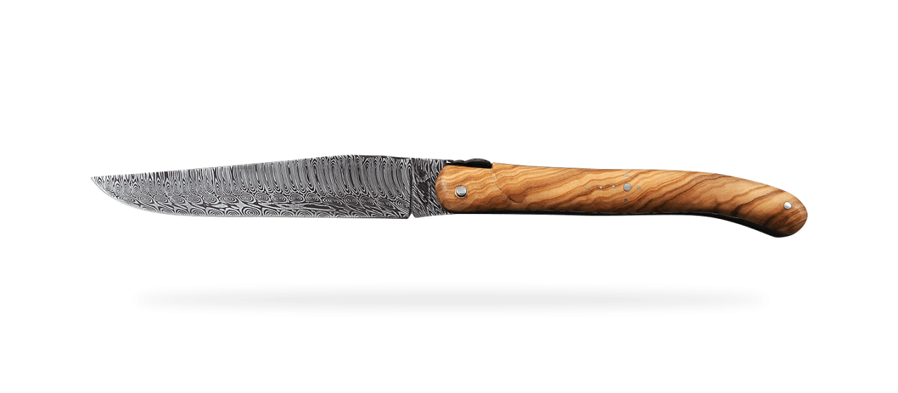 Set of 2 Laguiole Steak Knives Damascus Full handle Olivewood
