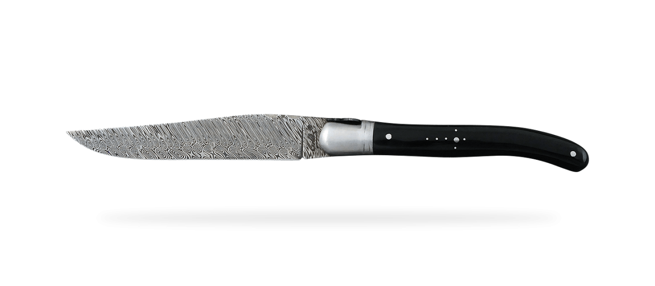 Set of 2 Laguiole Steak Knives Damascus Black horn tip