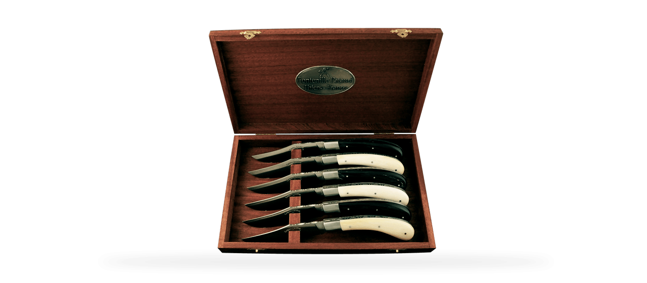 Set of 6 Le Capuchadou ® knives guilloché real bone & buffalo horn tip