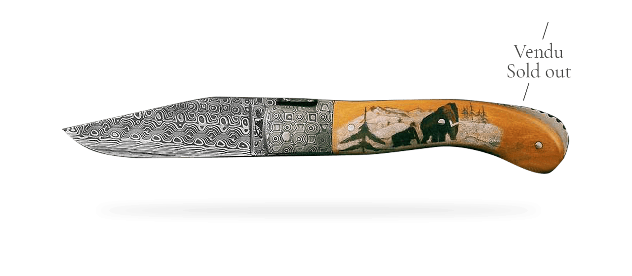 Laguiole Sport Damascus Range Brown Fossilized Mammoth, Delicate file work, Scrimshaw