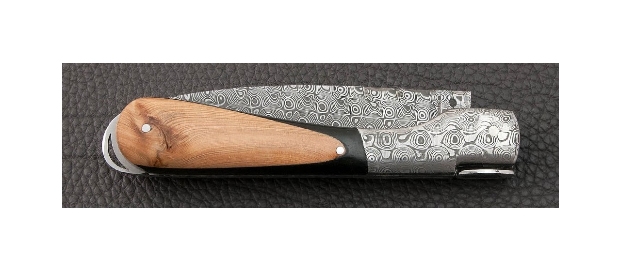 Corsican Sperone Guilloché Damascus Range Ebony and Juniper Burl knife made in France