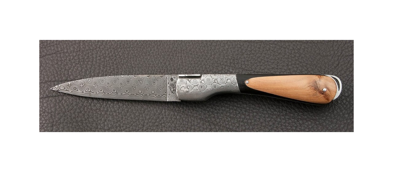 Corsican Sperone Guilloché Damascus Range Ebony and Juniper Burl knife made in France