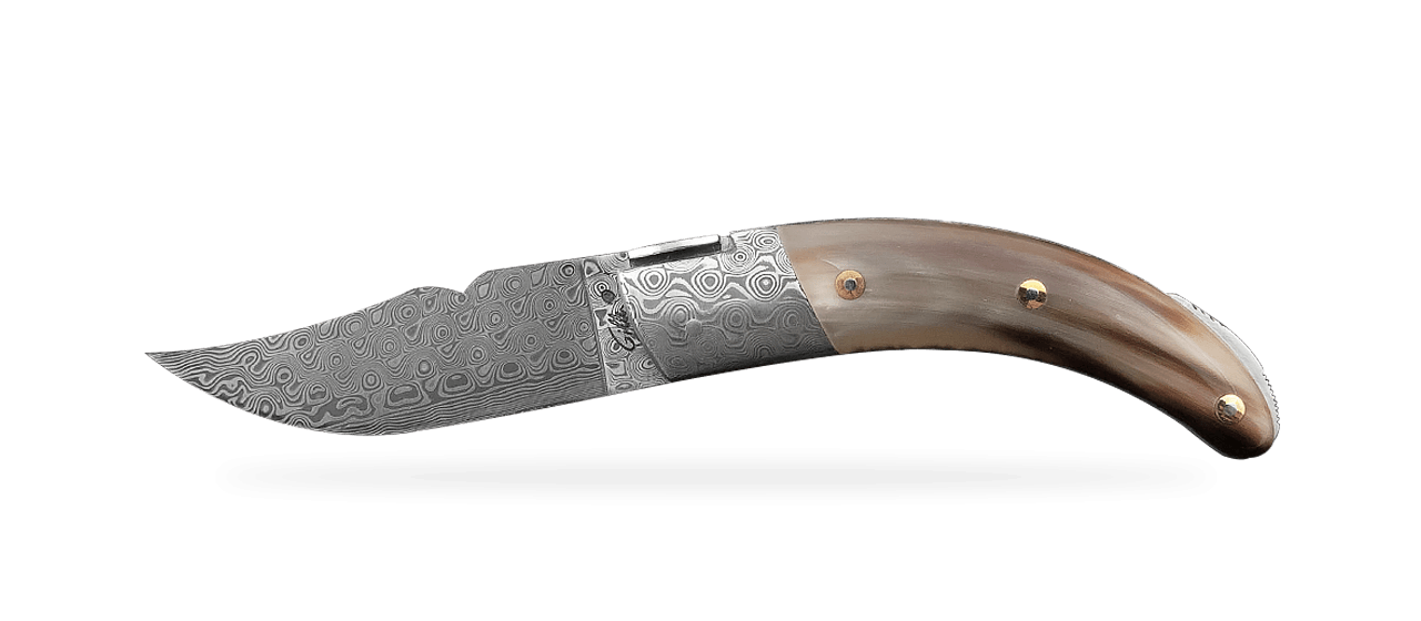 Corsican Rondinara "Guilloché" Damascus Range Horn tip knife made in France