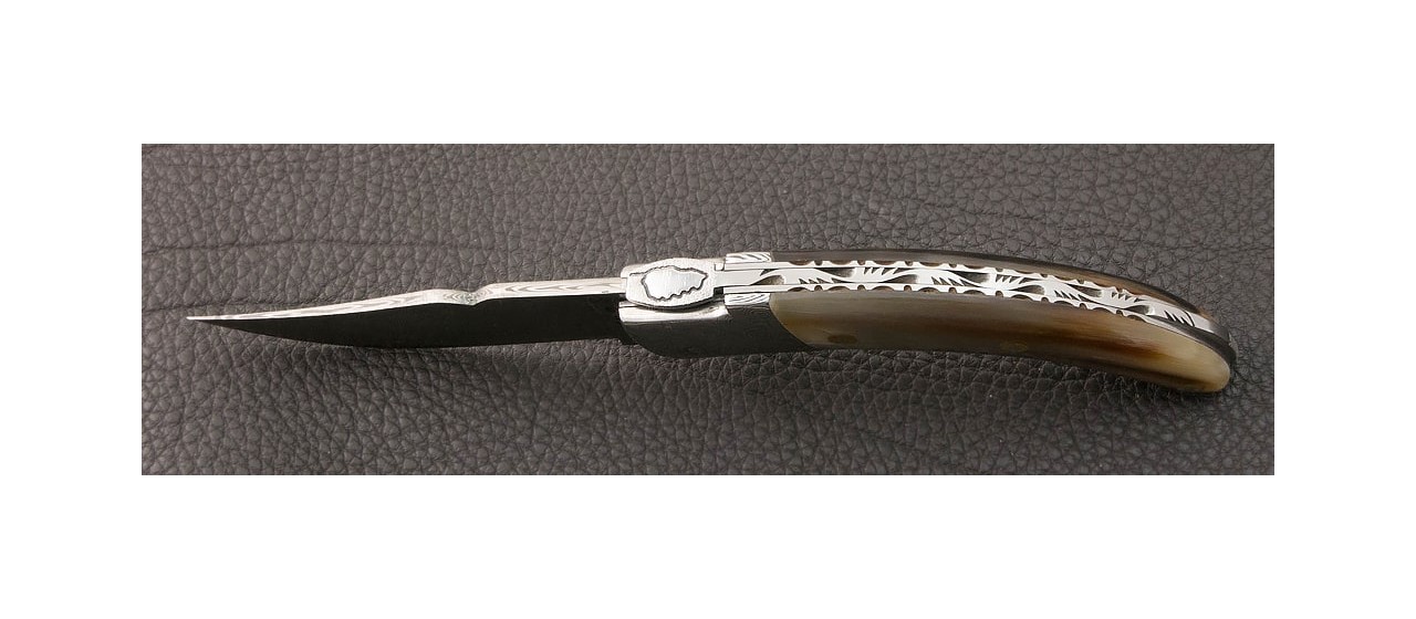 Corsican Rondinara "Guilloché" Damascus Range Horn tip knife made in France