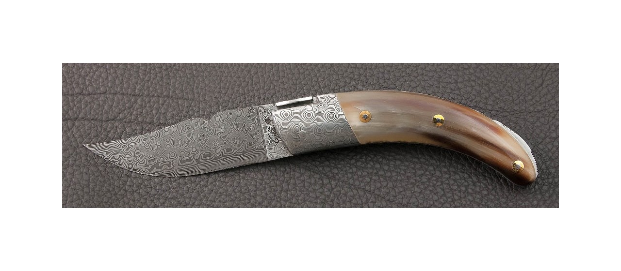 Corsican Rondinara "Guilloché" Damascus Range Horn tip knife made in France