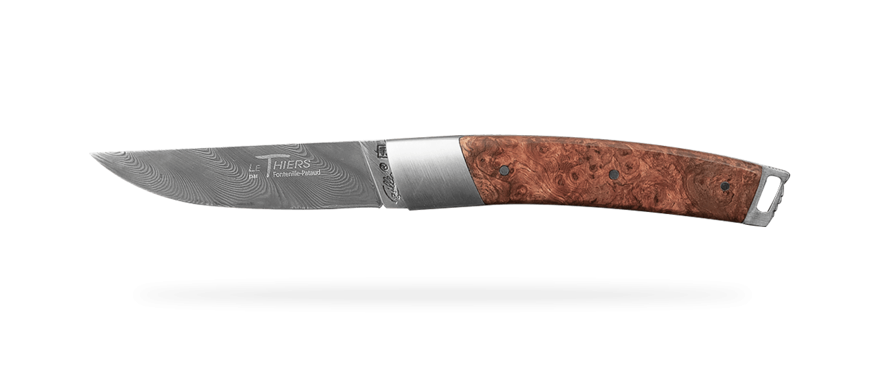 Le Thiers® Pocket Damascus Amboyna burl knife handmade in France