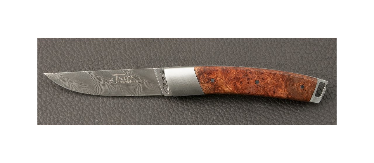 Le Thiers® Pocket Damascus Amboyna burl knife handmade in France