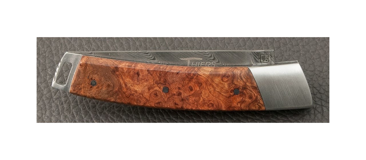 Le Thiers® Pocket Damascus Amboyna burl knife handmade in France