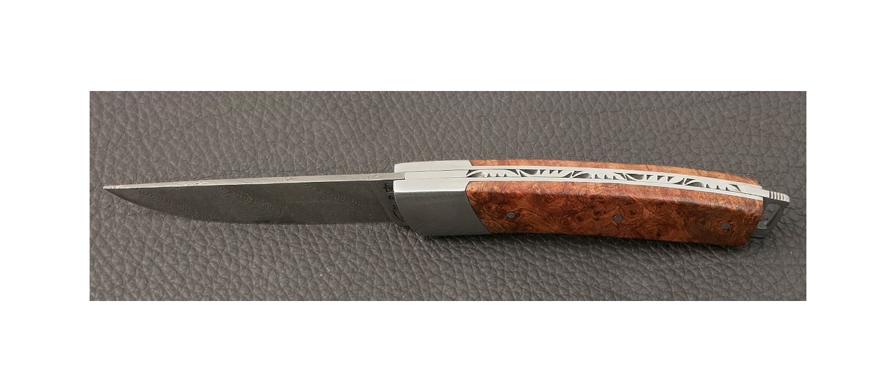 Le Thiers® Pocket Damascus Amboyna burl knife handmade in France