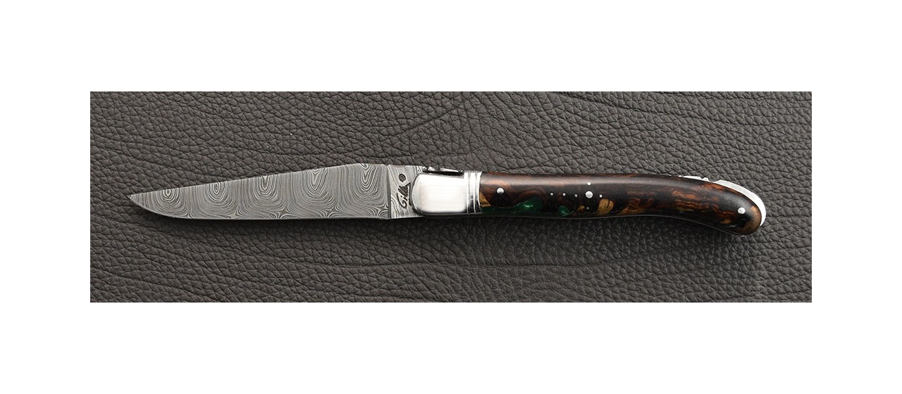 Damascus range laguiole knife, Arizona ironwood et epoxy resin handle