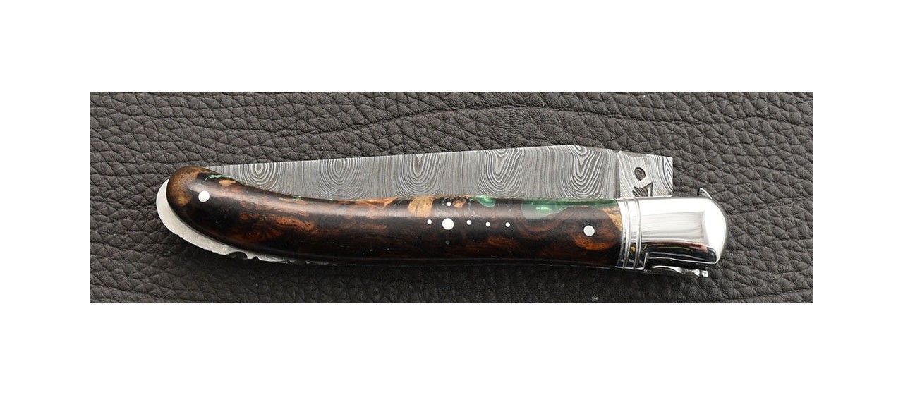 Damascus range laguiole knife, Arizona ironwood et epoxy resin handle