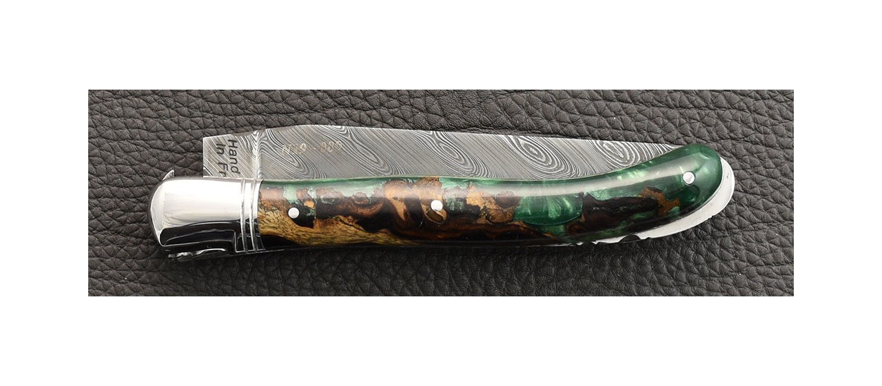 Damascus range laguiole knife, Arizona ironwood et epoxy resin handle