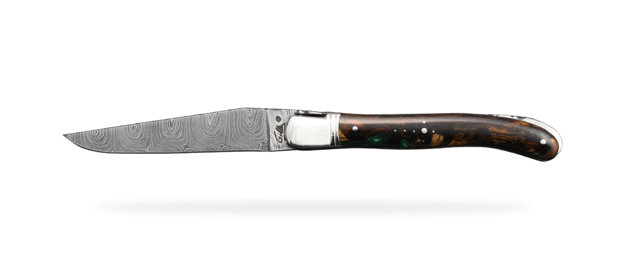 Damascus range laguiole knife, Arizona ironwood et epoxy resin handle