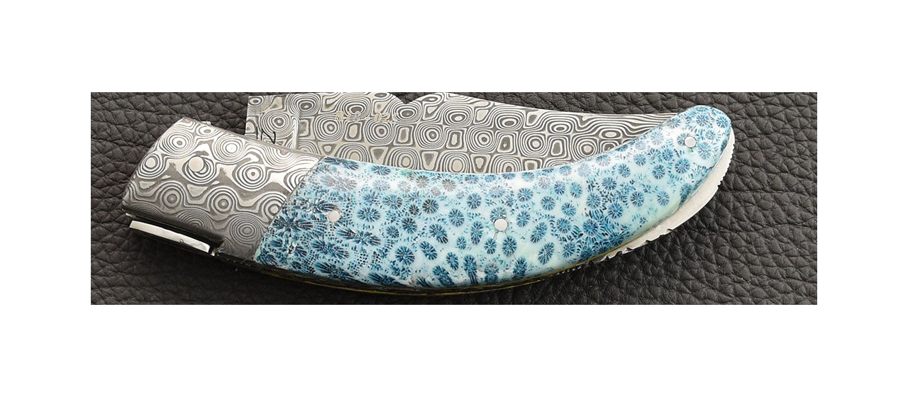 Corsican Rondinara knife damascus range blue coral delicate filework