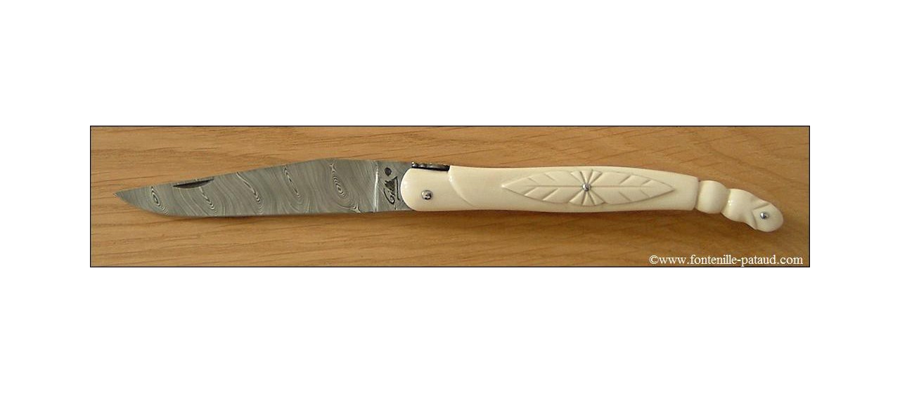 Carved laguiole collectors knife ivory and damascus blade