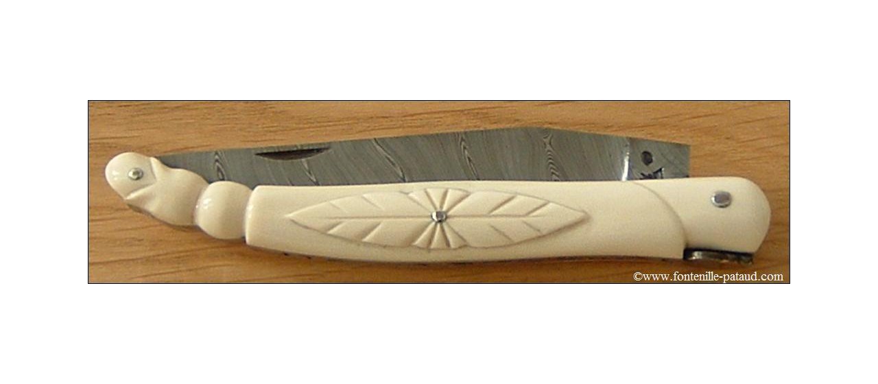 Carved laguiole collectors knife ivory and damascus blade