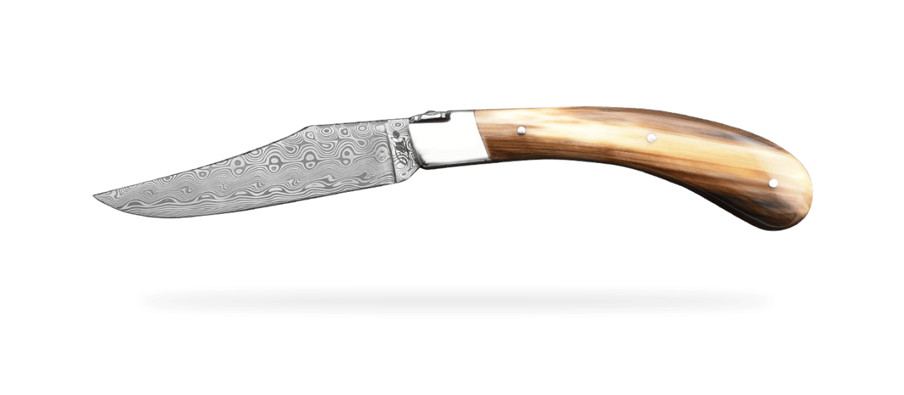 "Le Capuchadou®-Guilloché" 12 cm handmade knife, Cow horn tip & Damascus