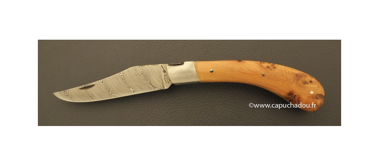 "Le Capuchadou®-Guilloché" 12 cm hand made knife, Juniper & Damascus