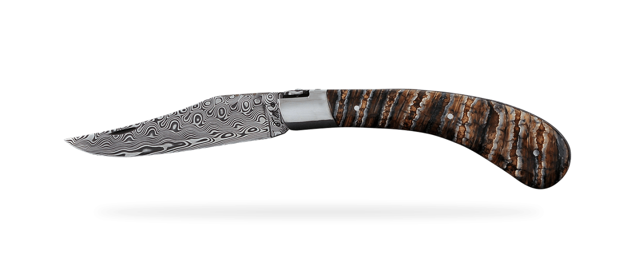 "Le Capuchadou®" 12 cm handmade knife, Molar tooth of mammoth, Damascus & delicate filework