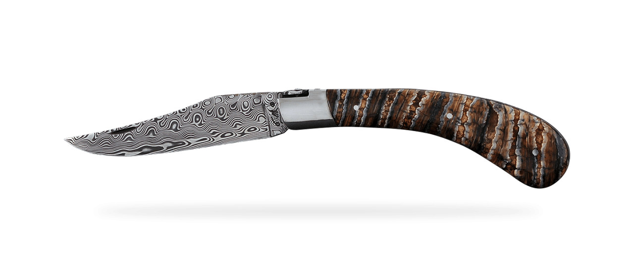 "Le Capuchadou-Guilloché" 12 cm hand made knife, Molar tooth of mammoth & Damascus