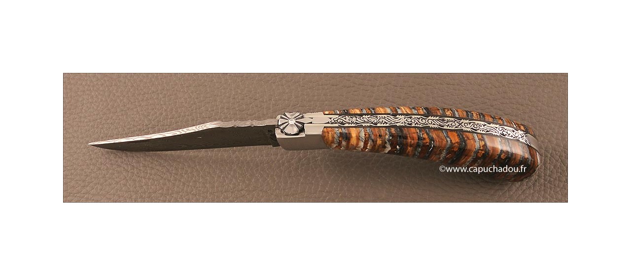 "Le Capuchadou-Guilloché" 12 cm hand made knife, Molar tooth of mammoth & Damascus