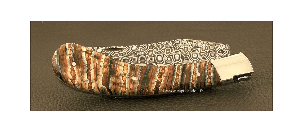 "Le Capuchadou-Guilloché" 12 cm hand made knife, Molar tooth of mammoth & Damascus