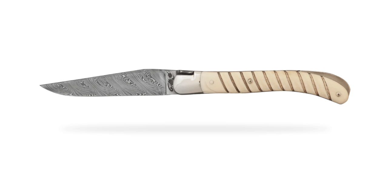 Laguiole Le Pocket Damas Tresse en argent Ivoire de mammouth blanc