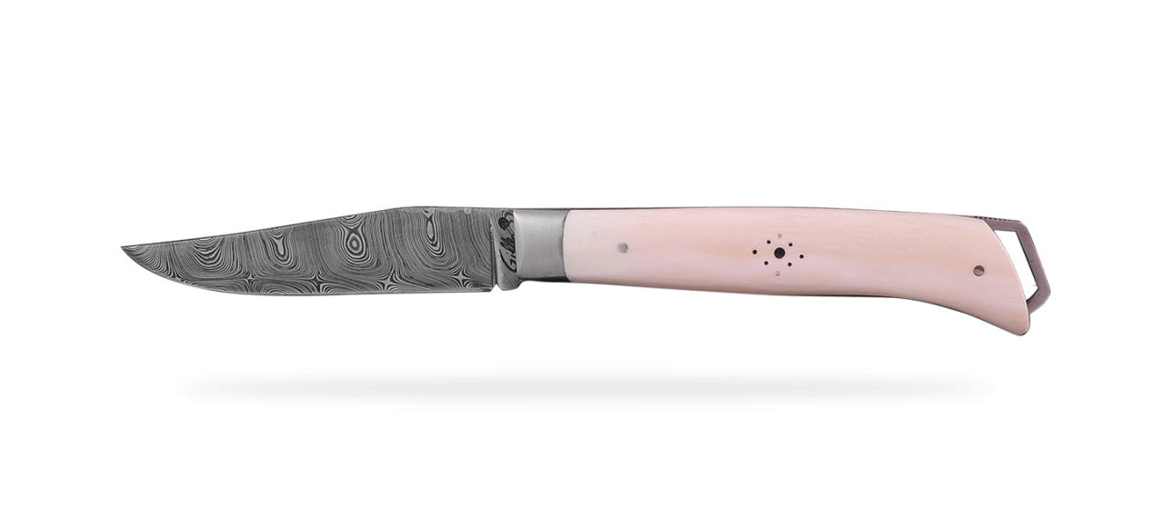 couteau Le Saint-Bernard 11 cm Damas, Ivoire de mammouth blanc