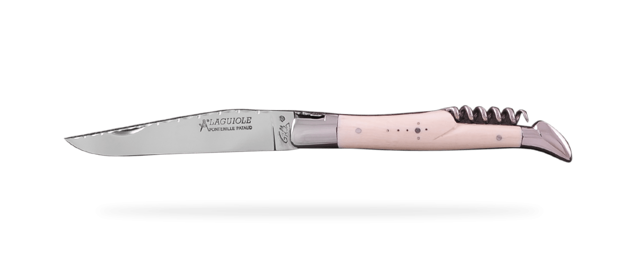 Laguiole Traditionnel 12 cm Guilloché avec Tire-Bouchon Ivoire de mammouth blanc