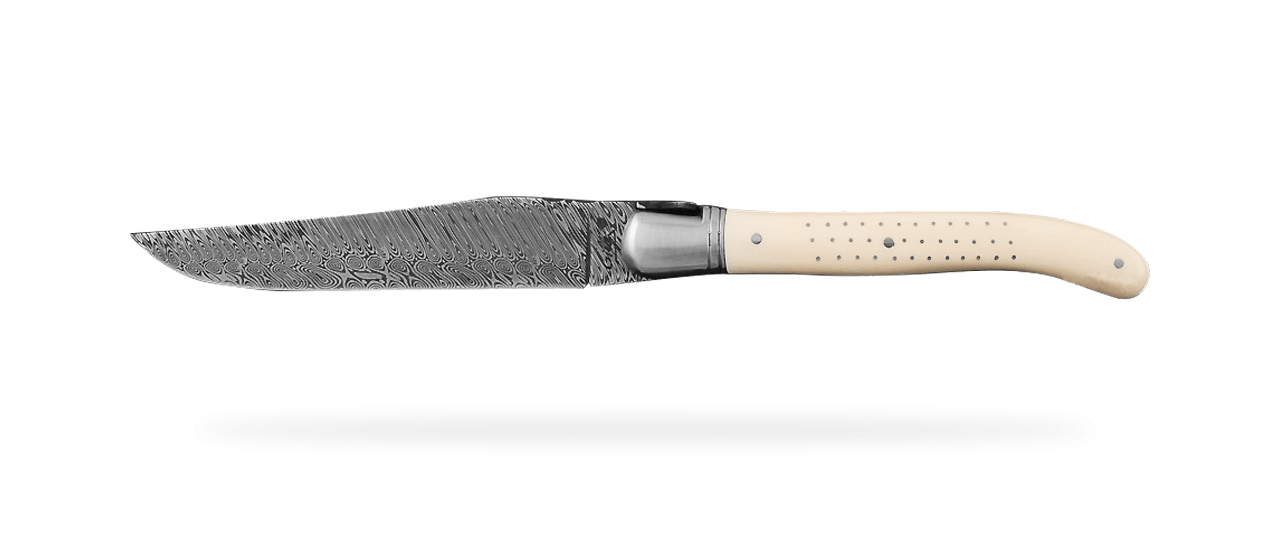 Set of 2 Laguiole Steak Knives Damascus 2013 White Mammoth ivory
