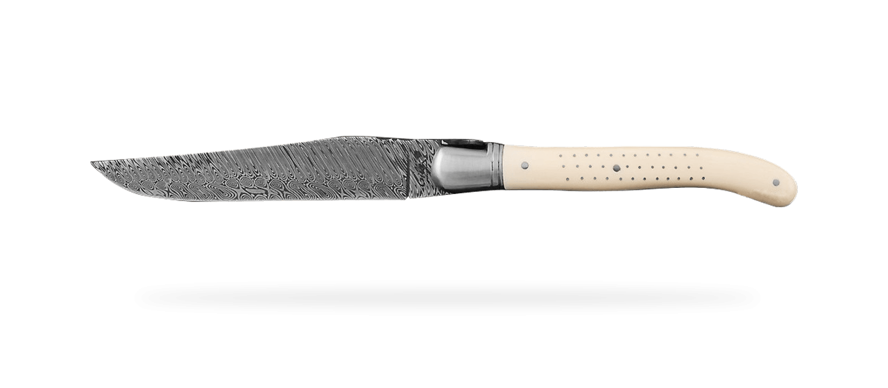 Set of 2 Laguiole Steak Knives Damascus White Mammoth ivory 72 nails