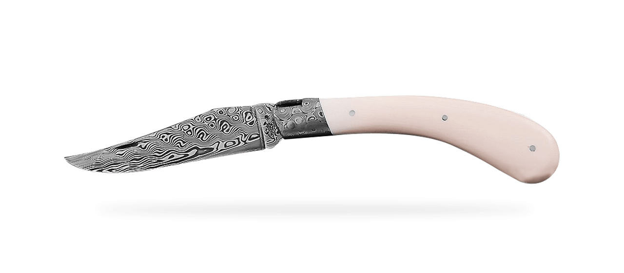 "Le Capuchadou®" 12 cm hand made knife, White Mammoth ivory  & Damascus, delicate filework