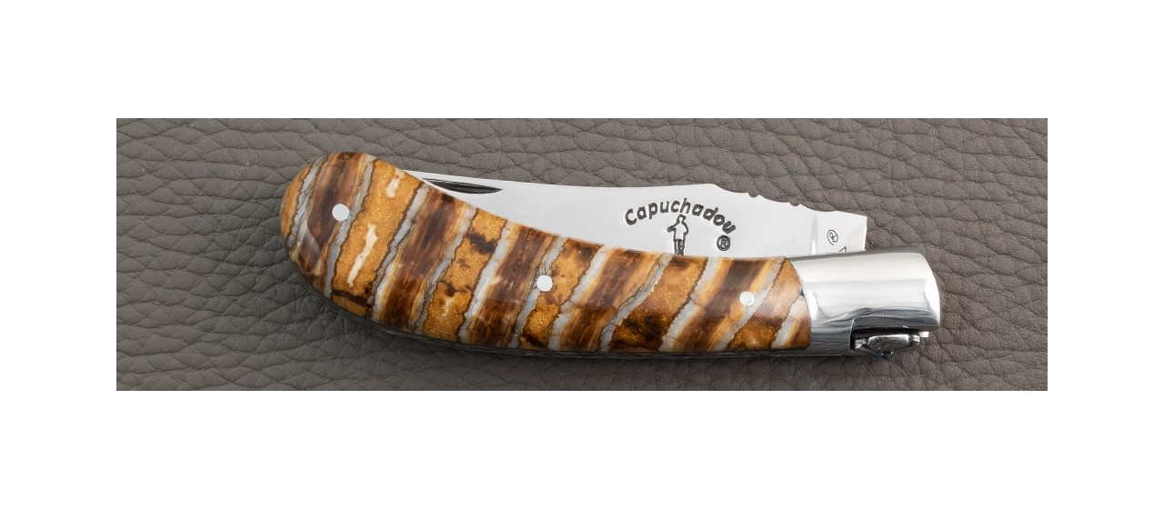 "Le Capuchadou-Guilloché" 10 cm hand made knife, Molar tooth of mammoth