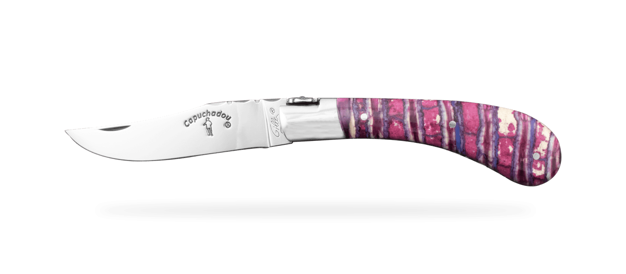 "Le Capuchadou®-Guilloché" 10 cm handmade knife, Pink Molar tooth of mammoth