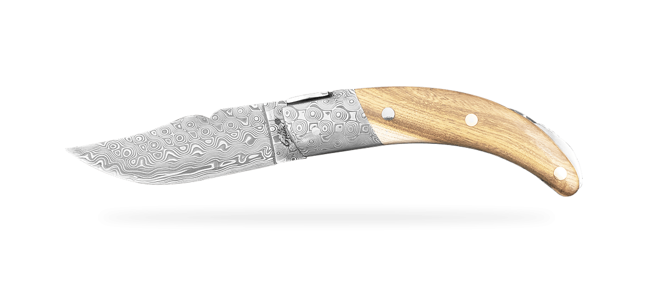 Corsican Rondinara "Guilloché" Damascus Range Pistachio Wood knife made in France