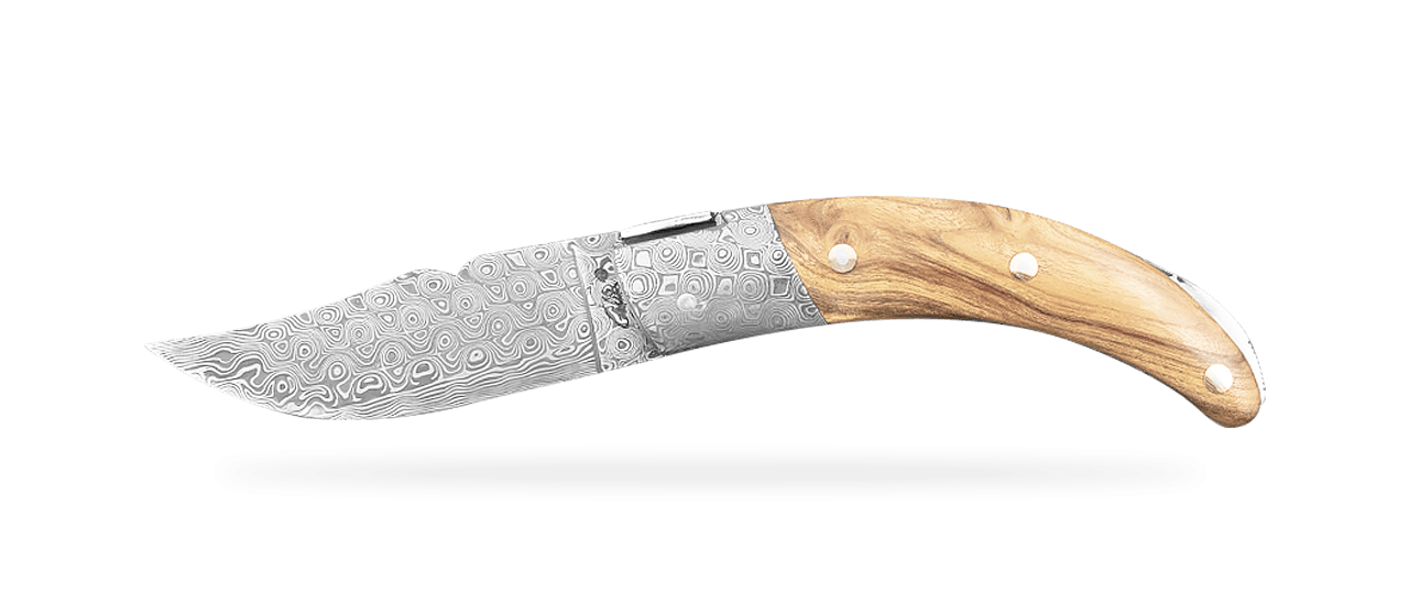 Corsican Rondinara "Guilloché" Damascus Range Olive Wood knife made in France