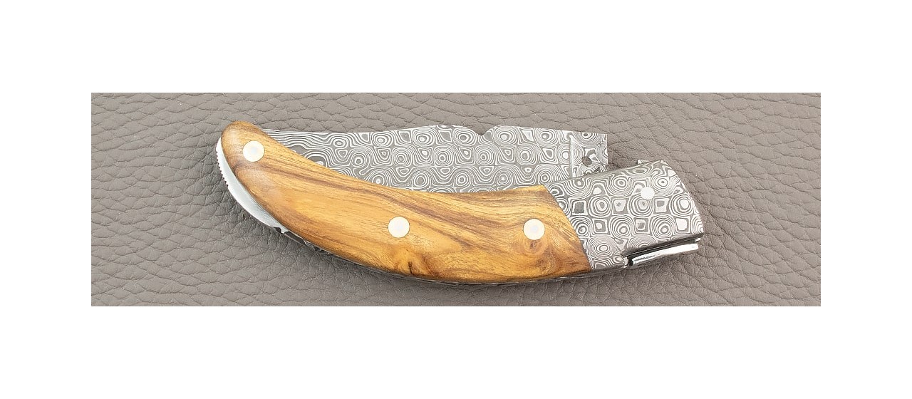 Corsican Rondinara "Guilloché" Damascus Range Olive Wood knife made in France