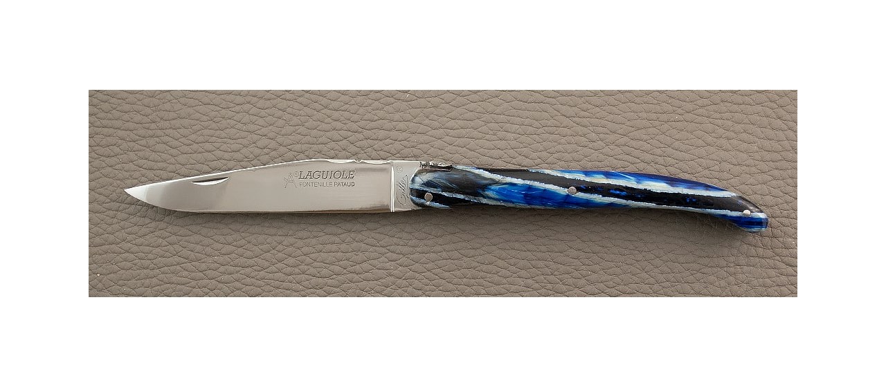 Couteau Laguiole Traditionnel 11 cm Guilloche plein manche Molaire de Mammouth Bleu