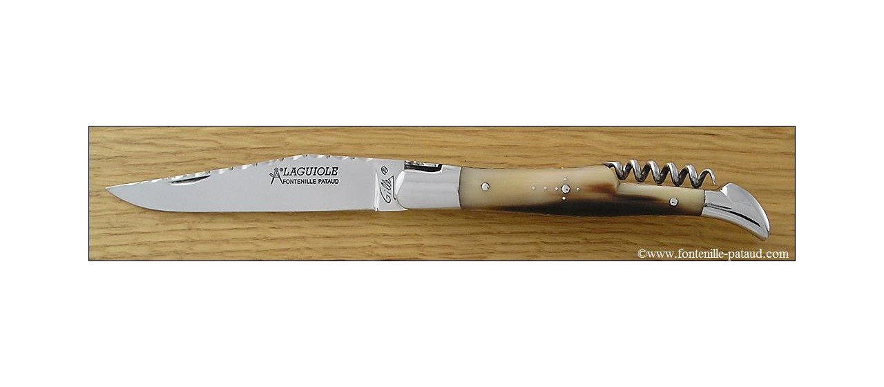 Couteau Laguiole Traditionnel 12 cm Guilloche avec Tire-Bouchon Pointe de corne