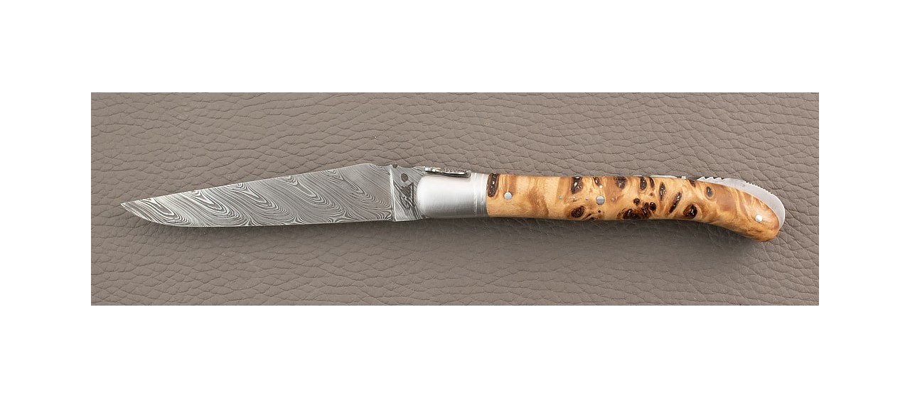Damascus range laguiole knife, Stabilized poplar burl handle