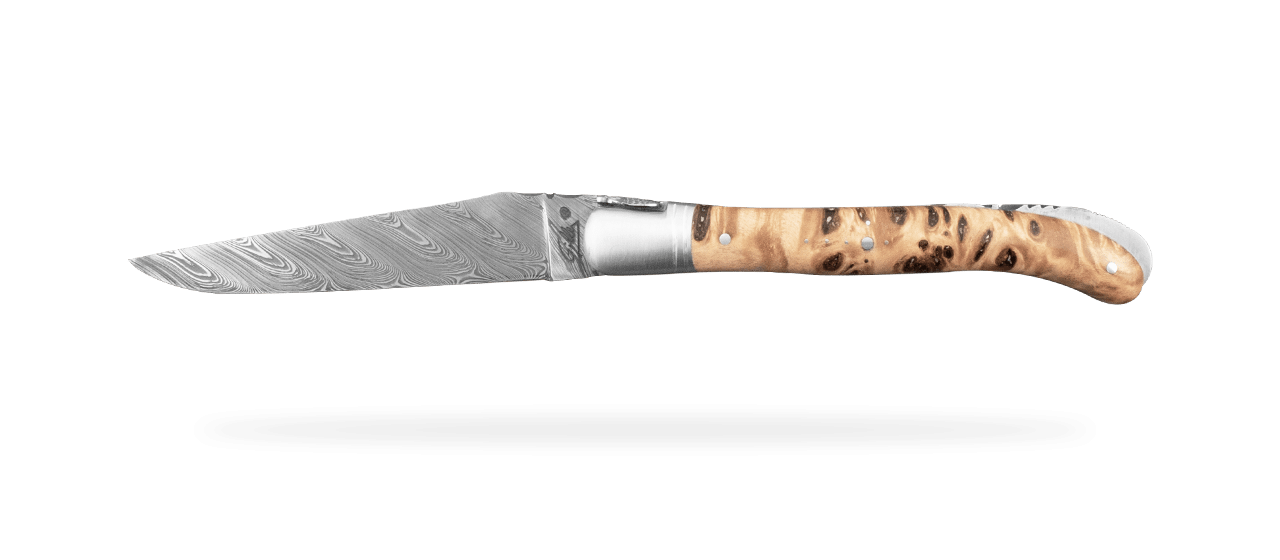 Damascus range laguiole knife, Stabilized poplar burl handle