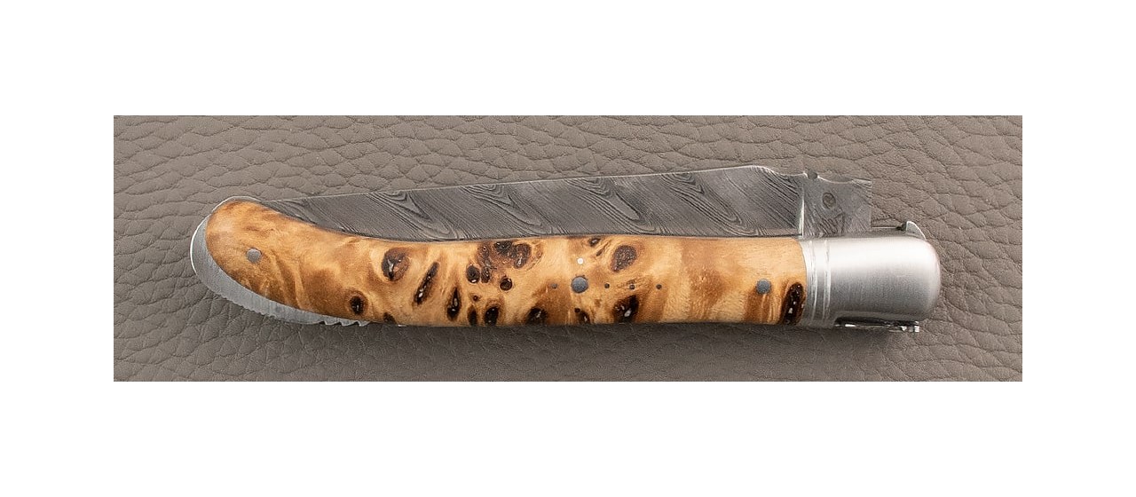 Damascus range laguiole knife, Stabilized poplar burl handle