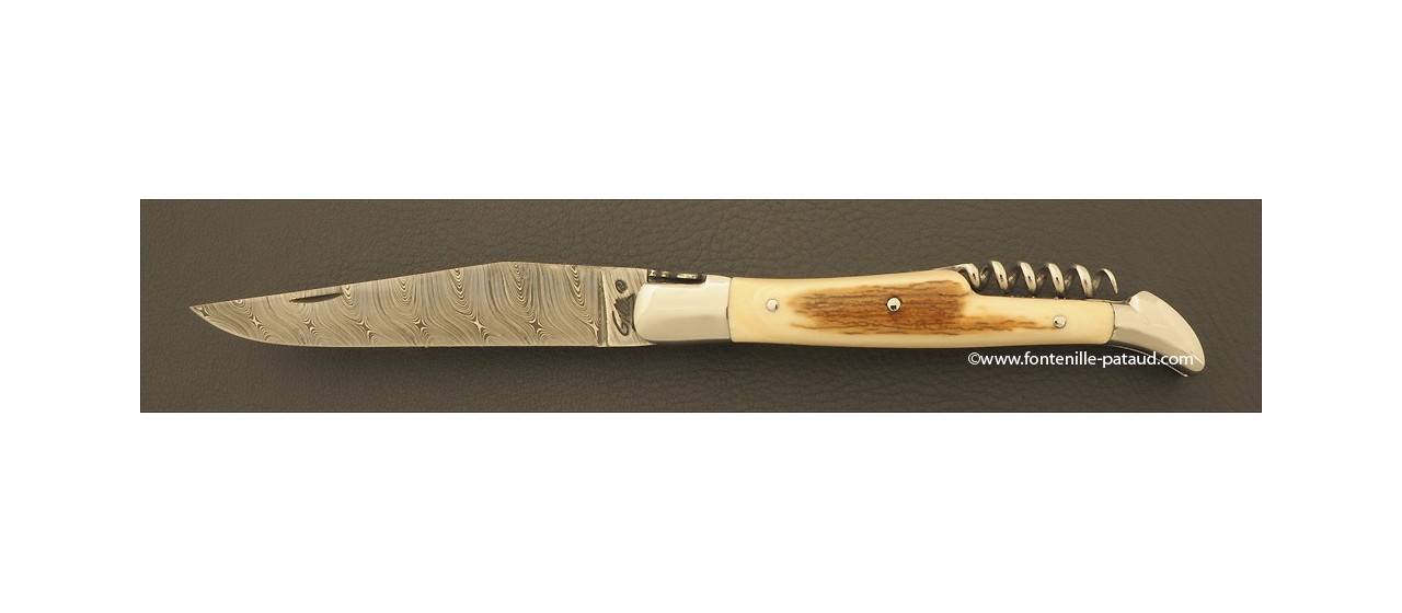 Couteau Laguiole Traditionnel 12 cm Damas avec Tire-Bouchon Mammouth fossile