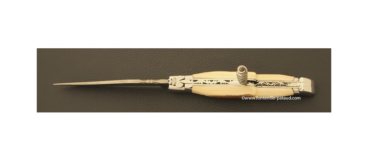 Couteau Laguiole Traditionnel 12 cm Damas avec Tire-Bouchon Mammouth fossile