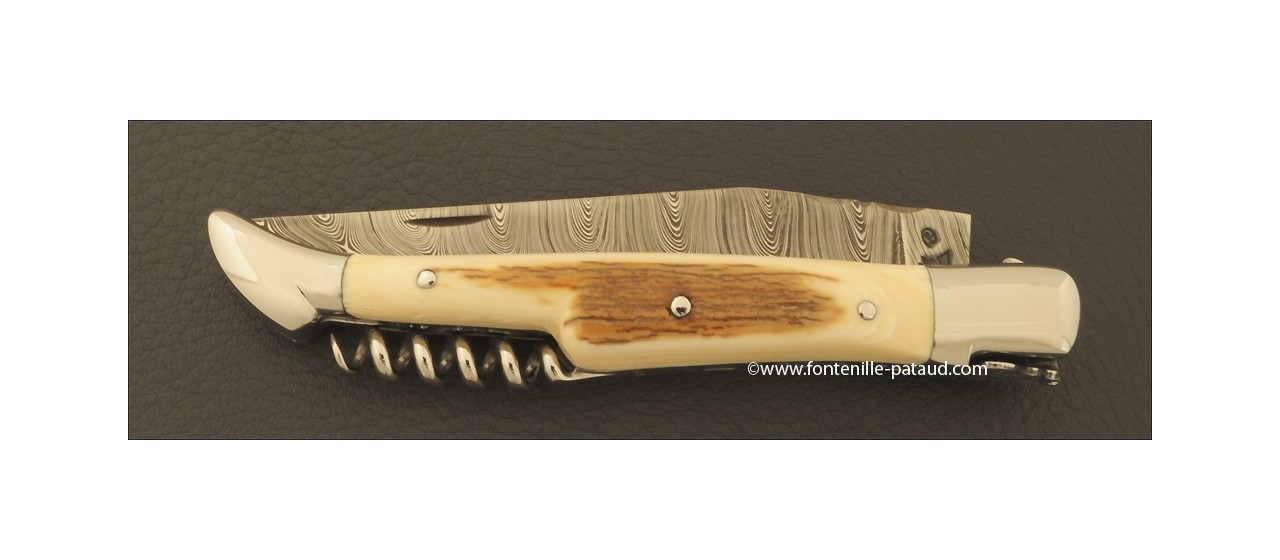 Couteau Laguiole Traditionnel 12 cm Damas avec Tire-Bouchon Mammouth fossile