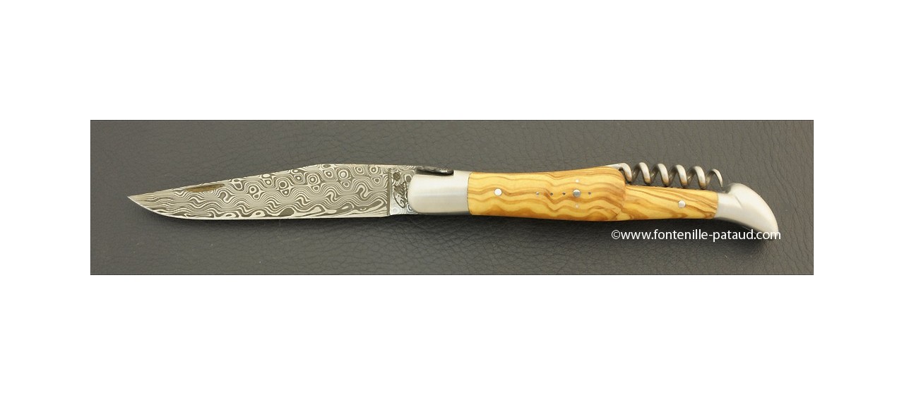 Laguiole Knife Picnic Damascus Range with Corkscrew Olivewood